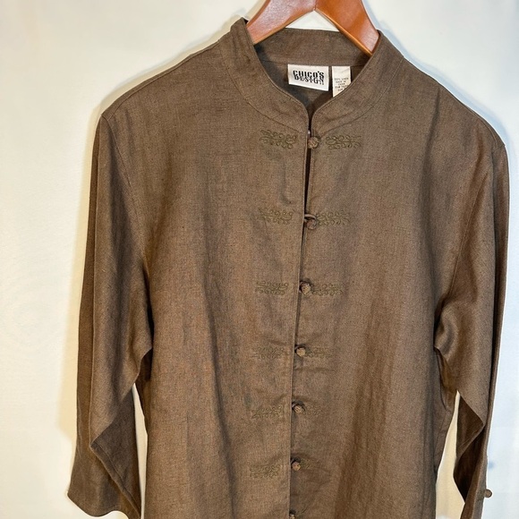 Chico’s Olive Green Tian 100% Linen Asian Art Jacket Blazer Coat Long Sleeve 2 - Picture 2 of 13